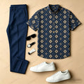 Men's Casual Navy Blue Checkered Color-Blocked Printed Crew Neck Short-Sleeved Shirt And Trousers Two-Piece Set