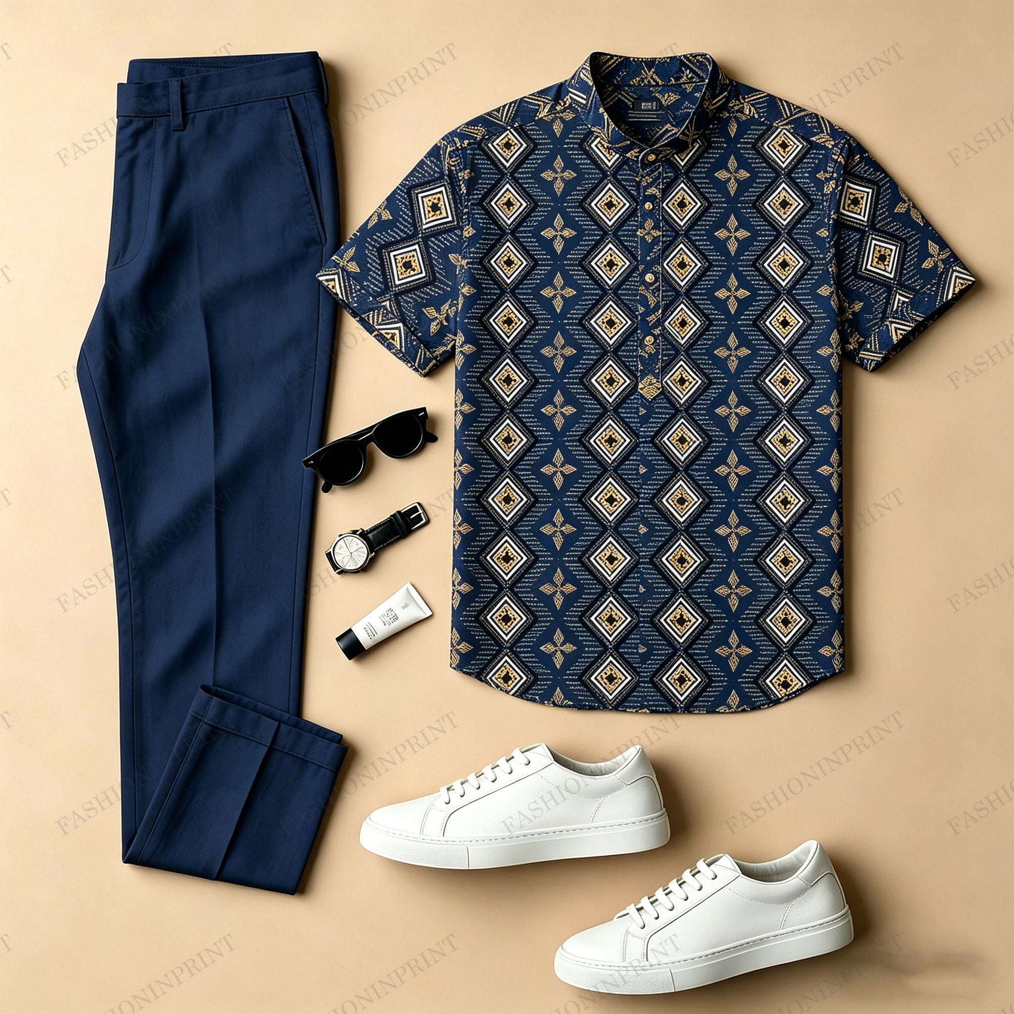 Men's Casual Navy Blue Checkered Color-Blocked Printed Crew Neck Short-Sleeved Shirt And Trousers Two-Piece Set