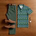 Men's Casual Green Ethnic Style Printed Polo Shirt And Trousers Two-Piece Set