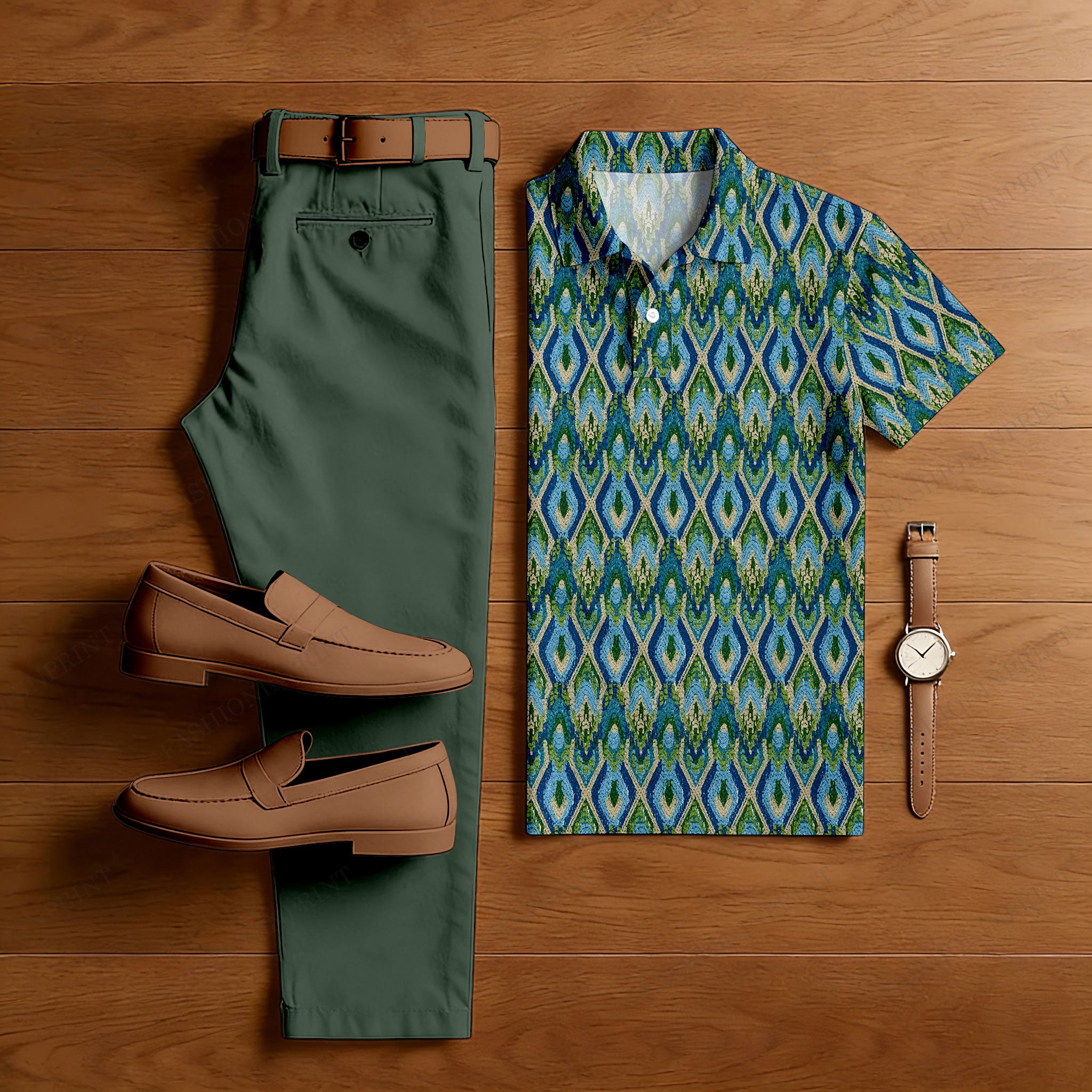 Men's Casual Green Ethnic Style Printed Polo Shirt And Trousers Two-Piece Set
