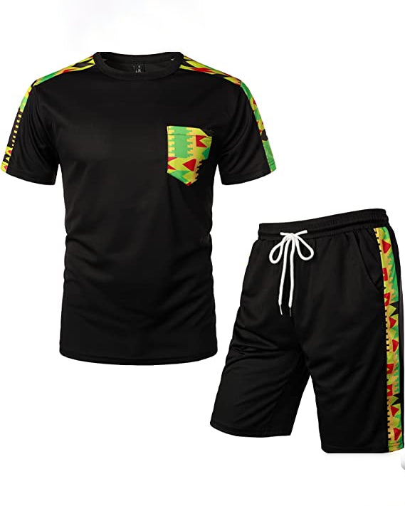 Men's Printed Colorblock T-Shirt and Shorts Set 002