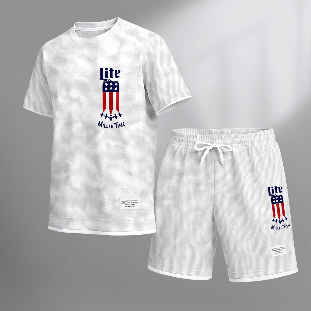 Men's Beer And Beverage Printed Drawstring Shorts Set, Suitable For Spring And Summer Wear, Casual Summer Set, Including Short-Sleeved Shirt And Shorts, Suitable For Everyday Wear And Sports 012
