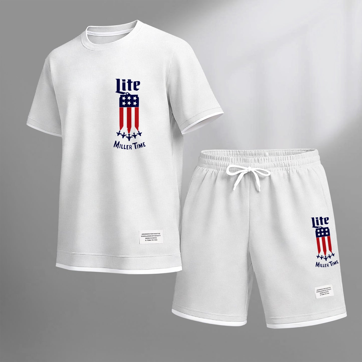 Men's Beer And Beverage Printed Drawstring Shorts Set, Suitable For Spring And Summer Wear, Casual Summer Set, Including Short-Sleeved Shirt And Shorts, Suitable For Everyday Wear And Sports 012