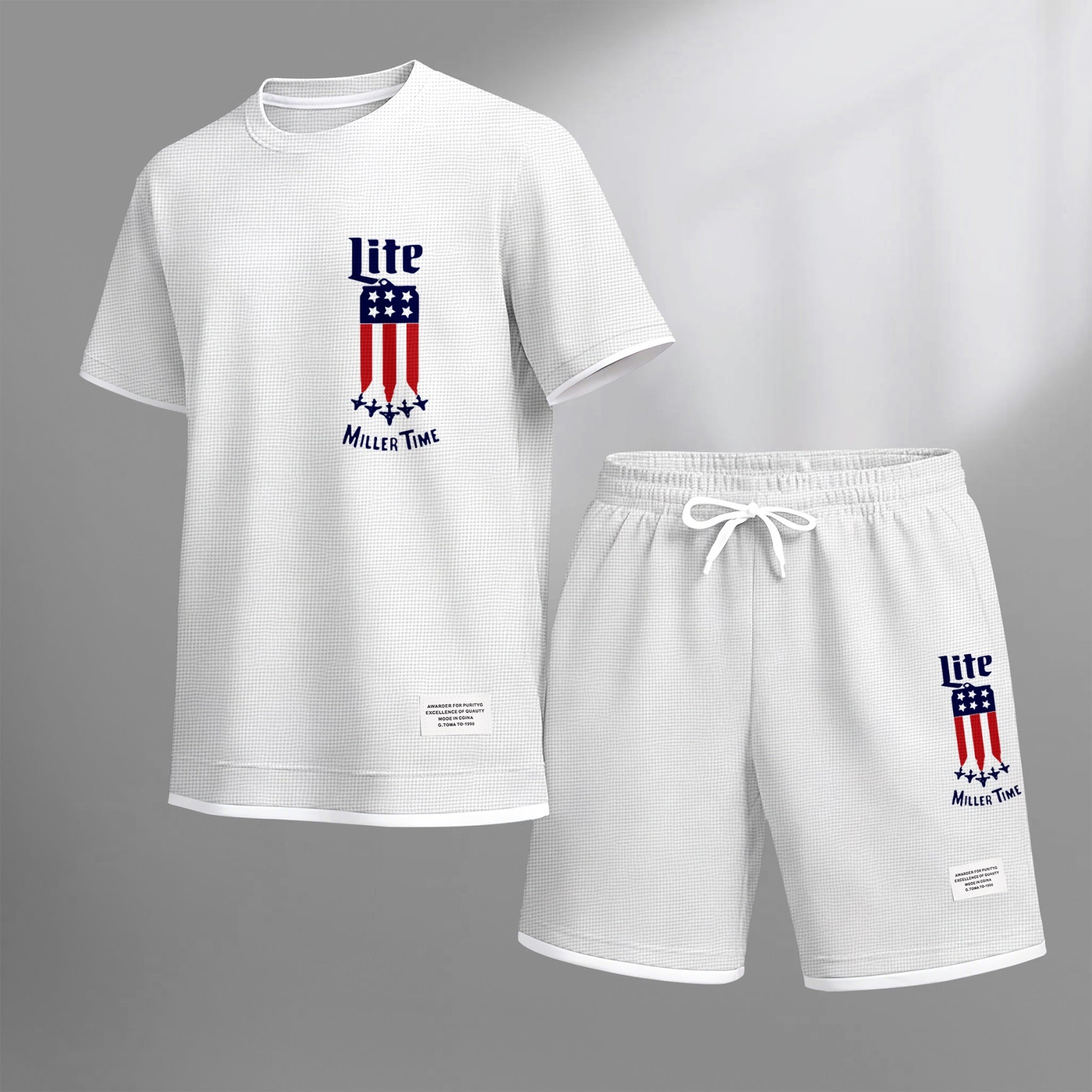 Men's Beer And Beverage Printed Drawstring Shorts Set, Suitable For Spring And Summer Wear, Casual Summer Set, Including Short-Sleeved Shirt And Shorts, Suitable For Everyday Wear And Sports 012