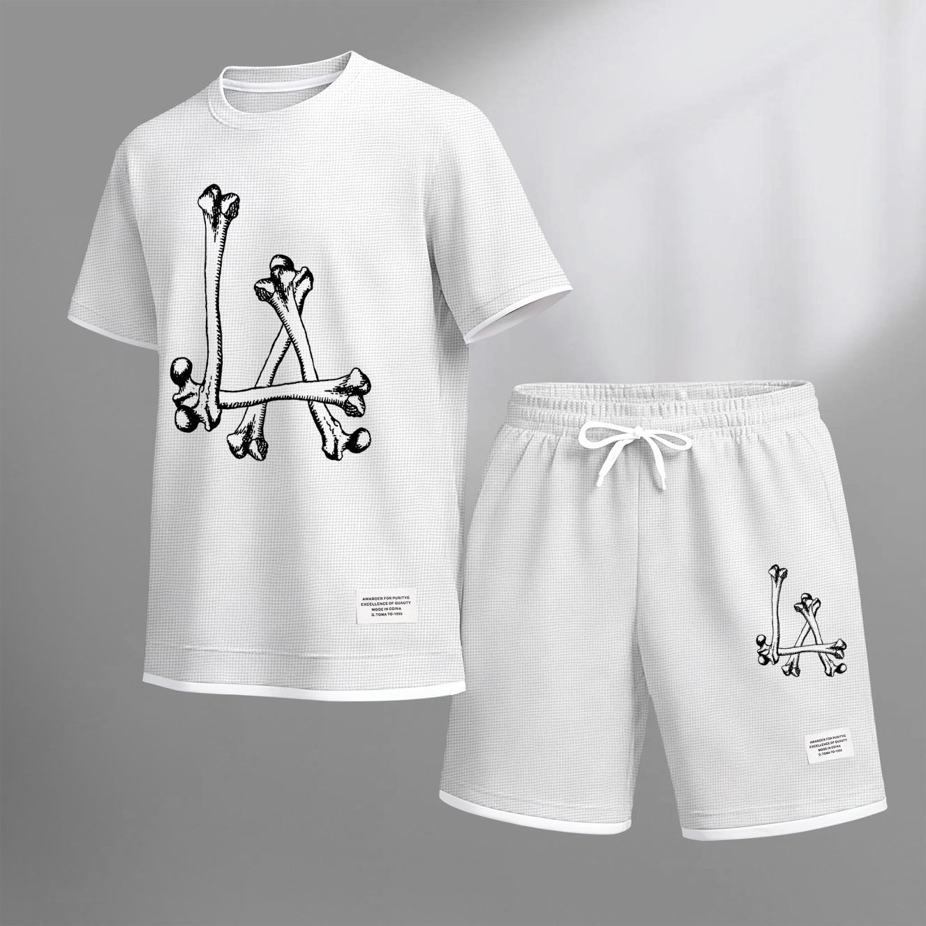 Men's Streetwear Skeleton Print Waffle Fabric Short-Sleeved Shirt And Shorts Set