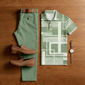 Men's Casual Green Color Matching Geometric Printed Short Sleeved Polo Shirt & Trousers Two-Piece Set
