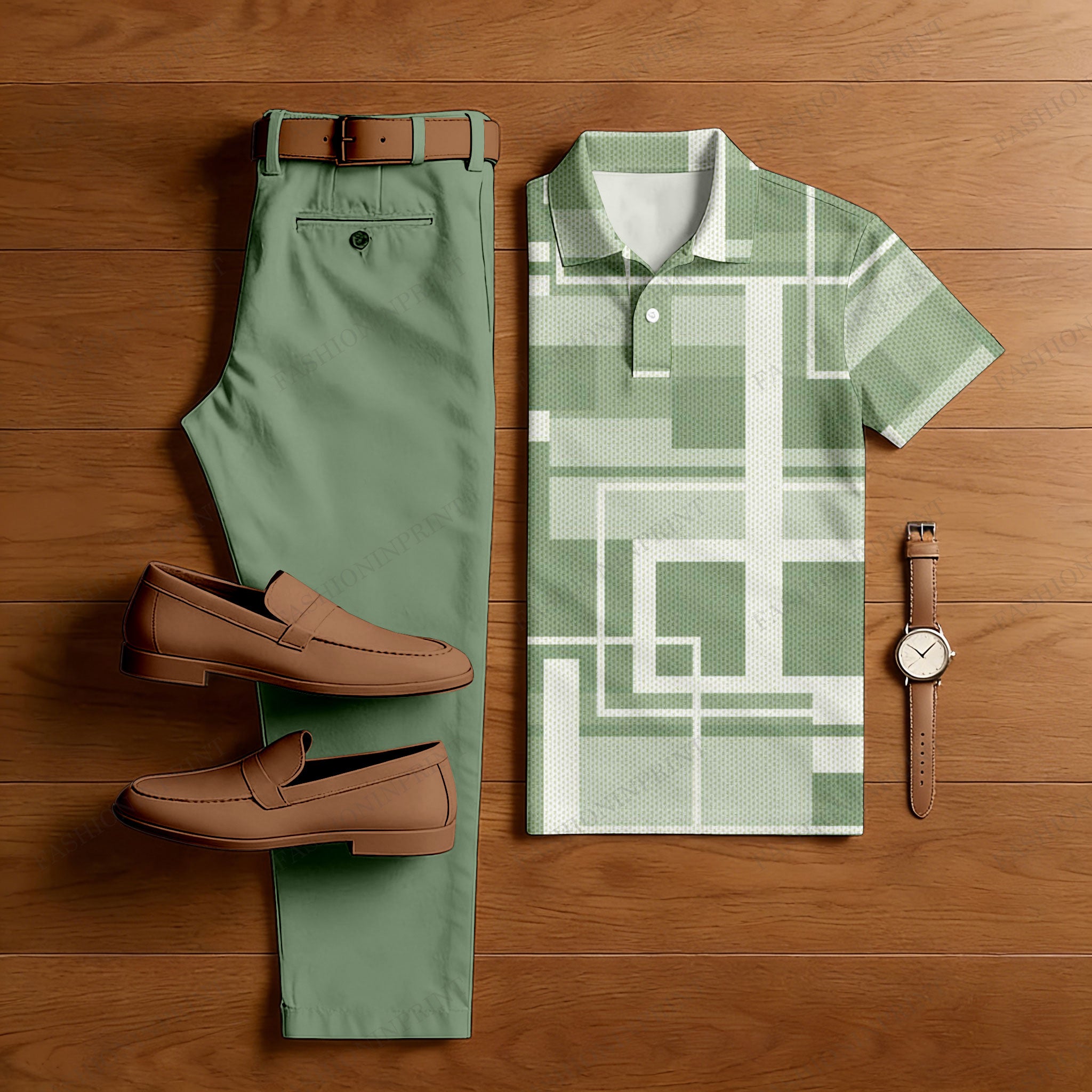 Men's Casual Green Color Matching Geometric Printed Short Sleeved Polo Shirt & Trousers Two-Piece Set
