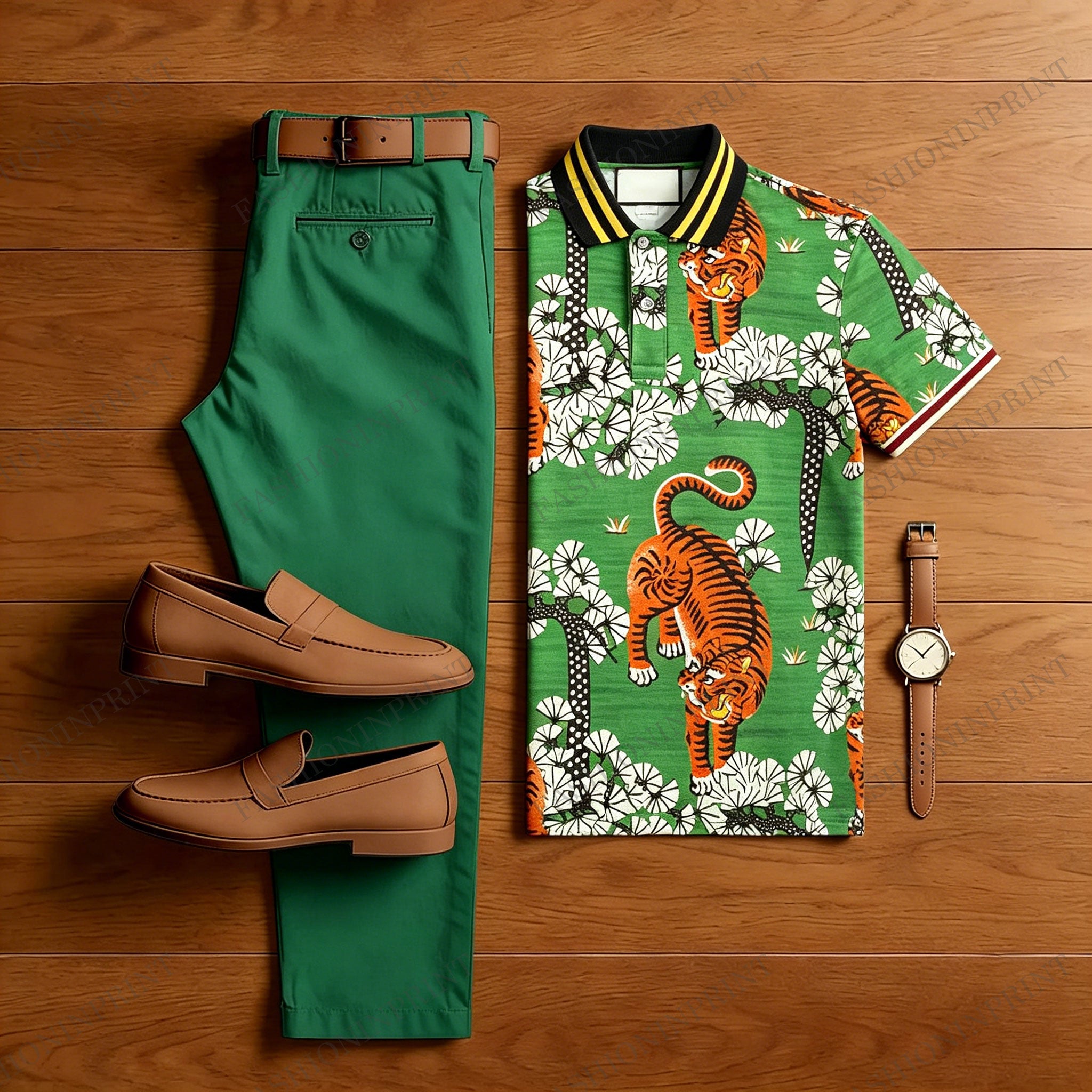 Men's Casual Light Green Printed Polo Shirt And Pants Two-Piece Set