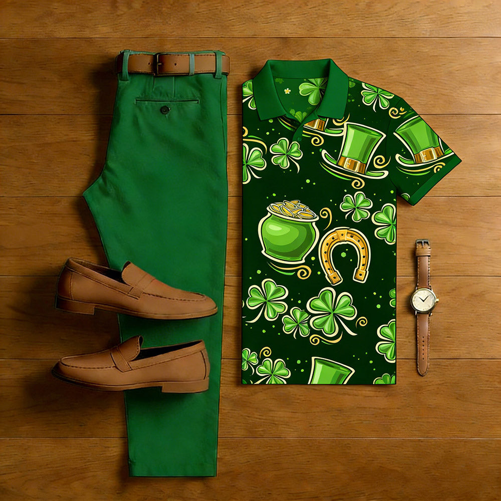 Men's Casual Green Color Matching Short Sleeved Polo Shirt & Trousers Two-Piece Set