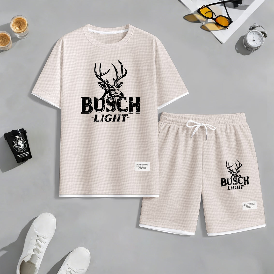 Men's Retro Outdoor Lifestyle Beer Print Waffle Fabric Short-Sleeved Shirt And Shorts Set