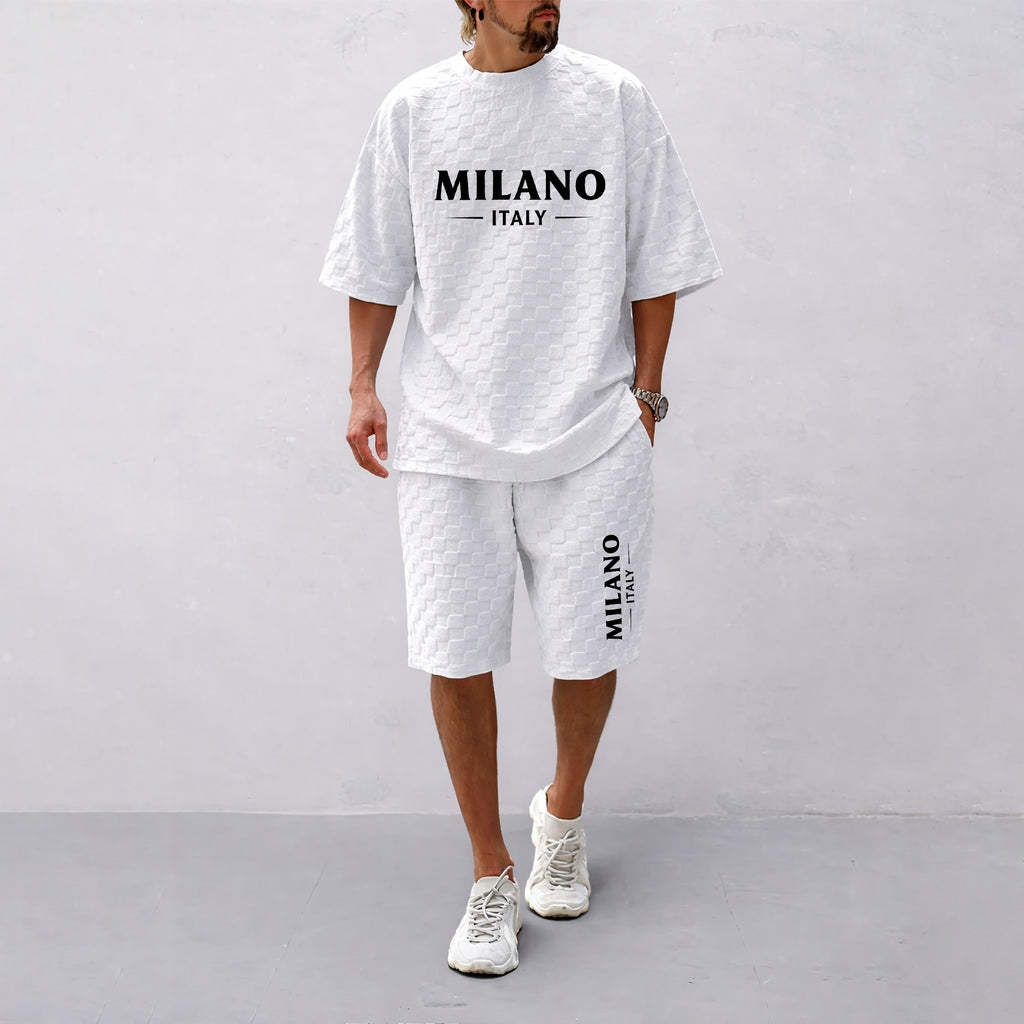 Men's Spring and Summer Milan Letter Print Checkered Fabric Drawstring Shorts Set, Casual Summer Outfit with Short-Sleeved Shirt and Shorts, Ideal for Everyday Wear and Sports Activities.