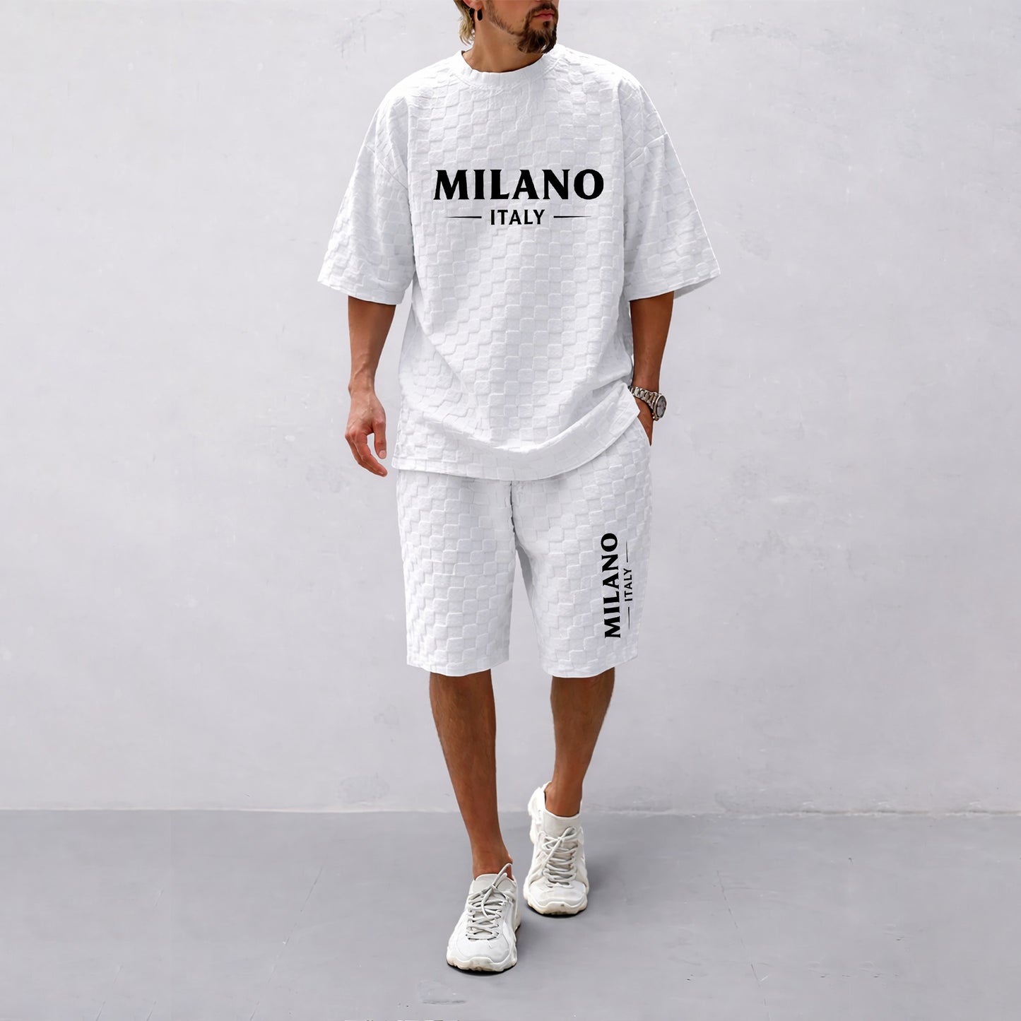 Men's Spring and Summer Milan Letter Print Checkered Fabric Drawstring Shorts Set, Casual Summer Outfit with Short-Sleeved Shirt and Shorts, Ideal for Everyday Wear and Sports Activities.