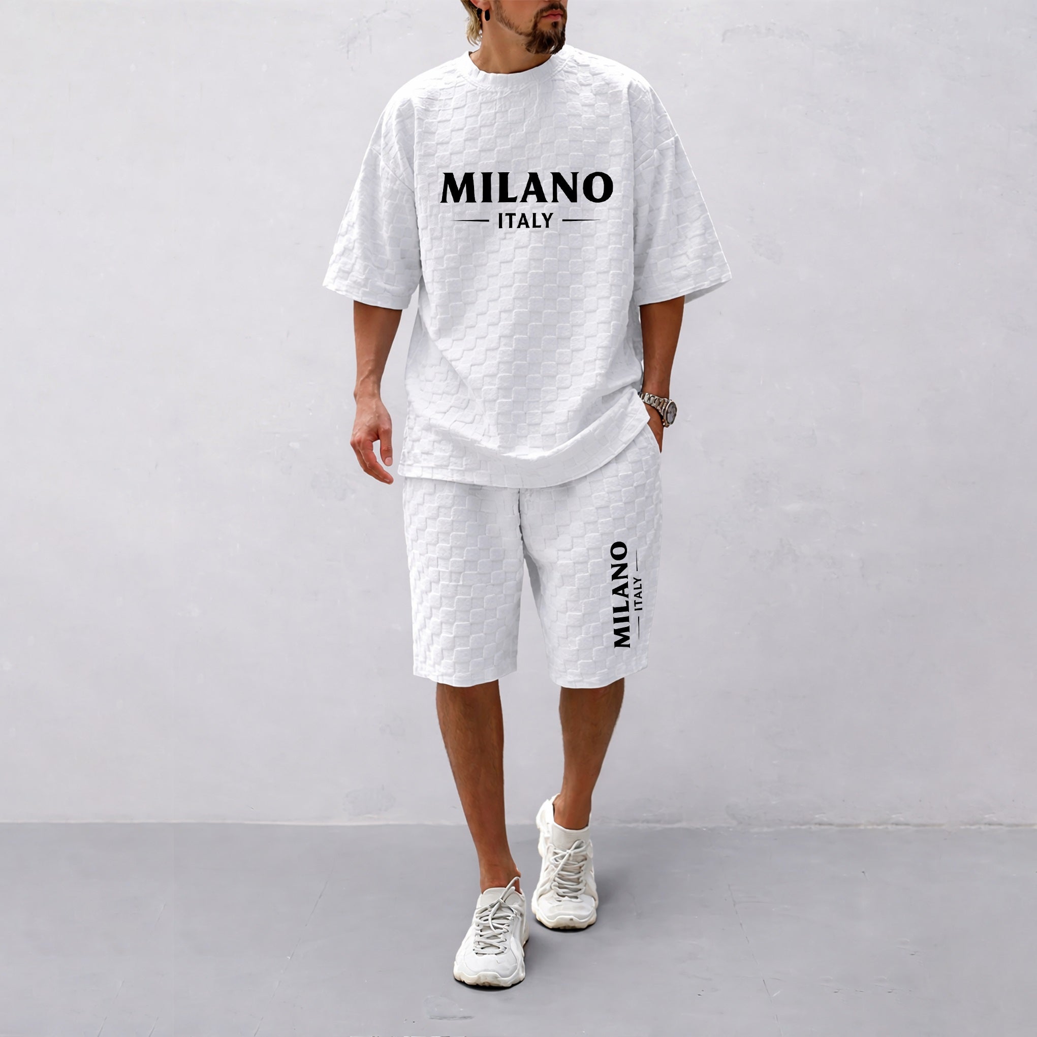 Men's Spring and Summer Milan Letter Print Checkered Fabric Drawstring Shorts Set, Casual Summer Outfit with Short-Sleeved Shirt and Shorts, Ideal for Everyday Wear and Sports Activities.