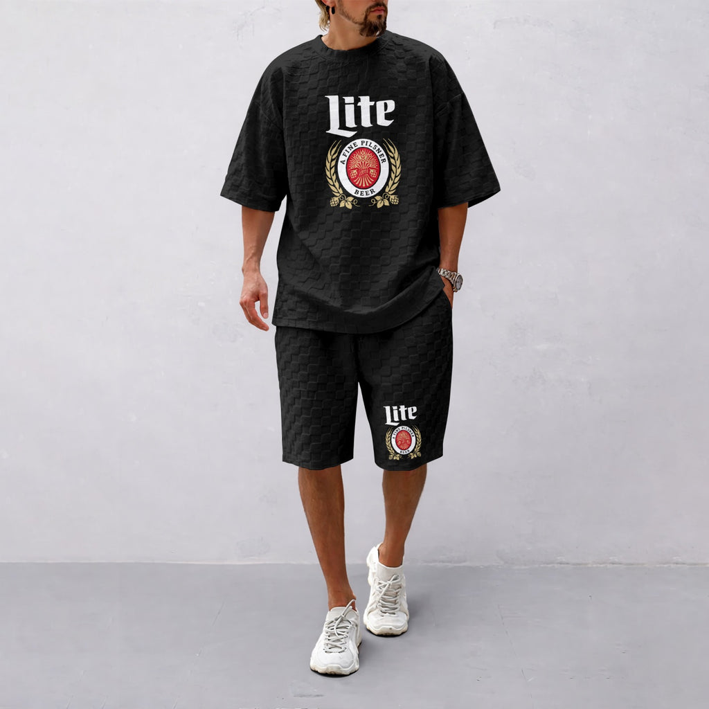 Men's Spring And Summer Vitality Beer Print With Red And Black Line Checkered Fabric Drawstring Shorts Set, Casual Summer Outfit With Short-Sleeved Shirt And Shorts, Ideal For Everyday Wear And Sports Activities