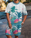 Men's Crew Neck Jacquard Textured Print Shorts Set  007