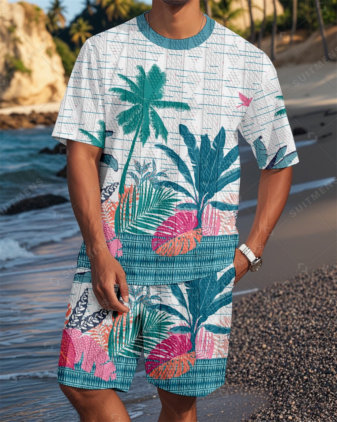 Men's Crew Neck Jacquard Textured Print Shorts Set  007