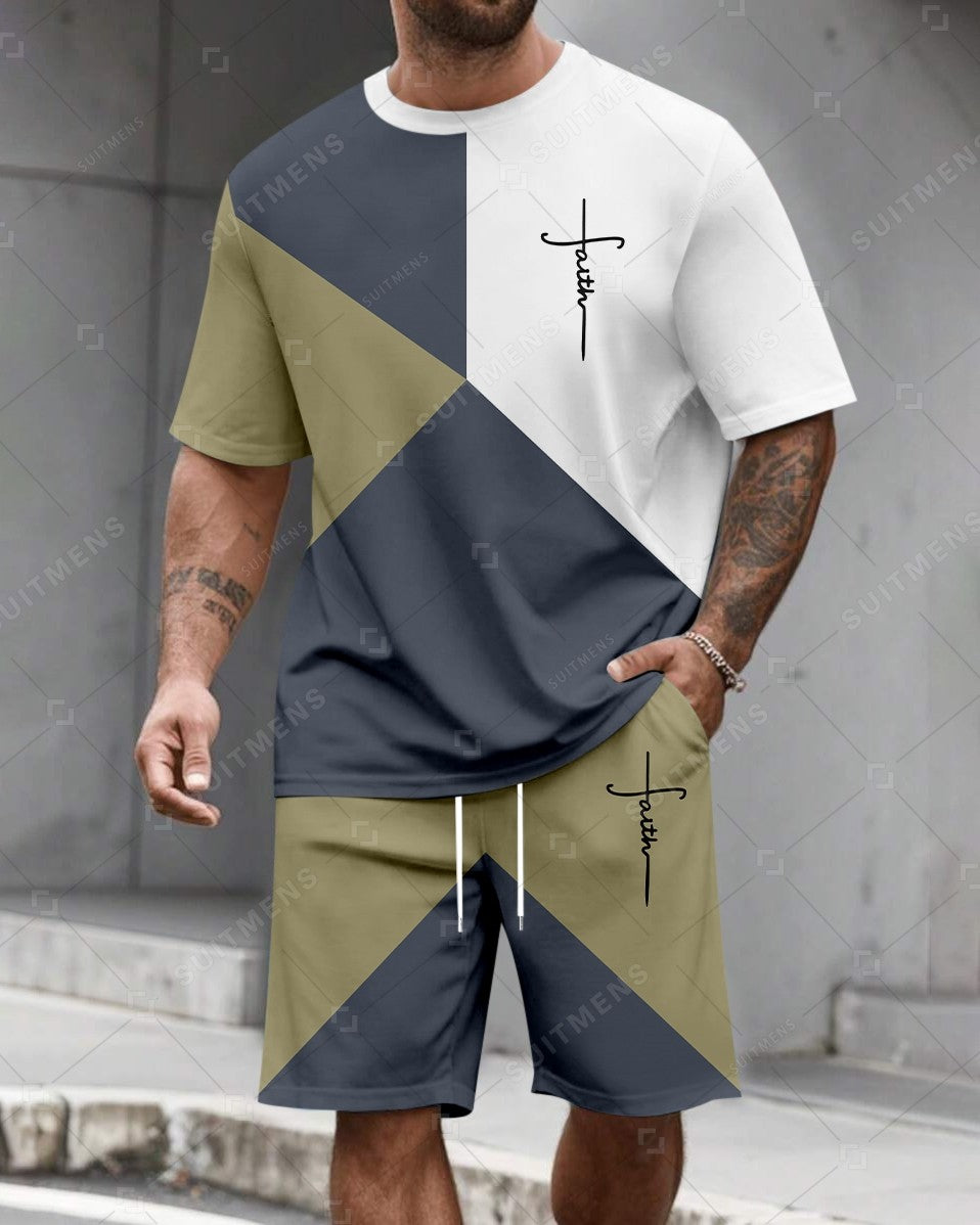 Men's Summer Colorblock Printed Round Neck Set 486