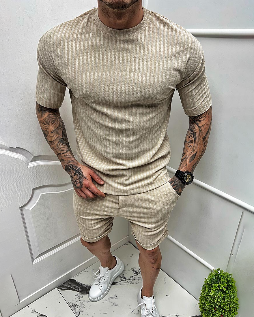 Men's vertical stripe short sleeve two piece suit