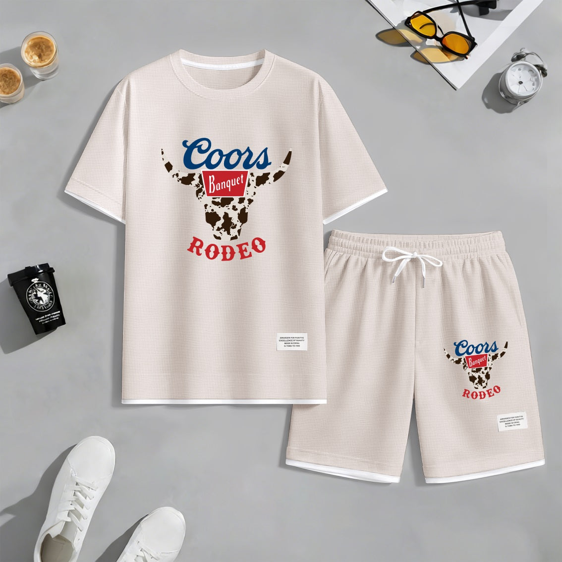 Men's Vintage Alpine Beer Print Waffle Fabric Short-Sleeved Shirt And Shorts Set