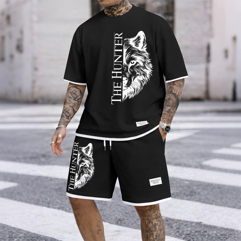 Men's "The Hunter" Wolf Head Graphic Print Waffle Short Sleeve T-Shirt & Shorts Set, Summer Lightweight Casual Sporty Two-Piece Outfit, Streetwear for Gym & Daily Wear