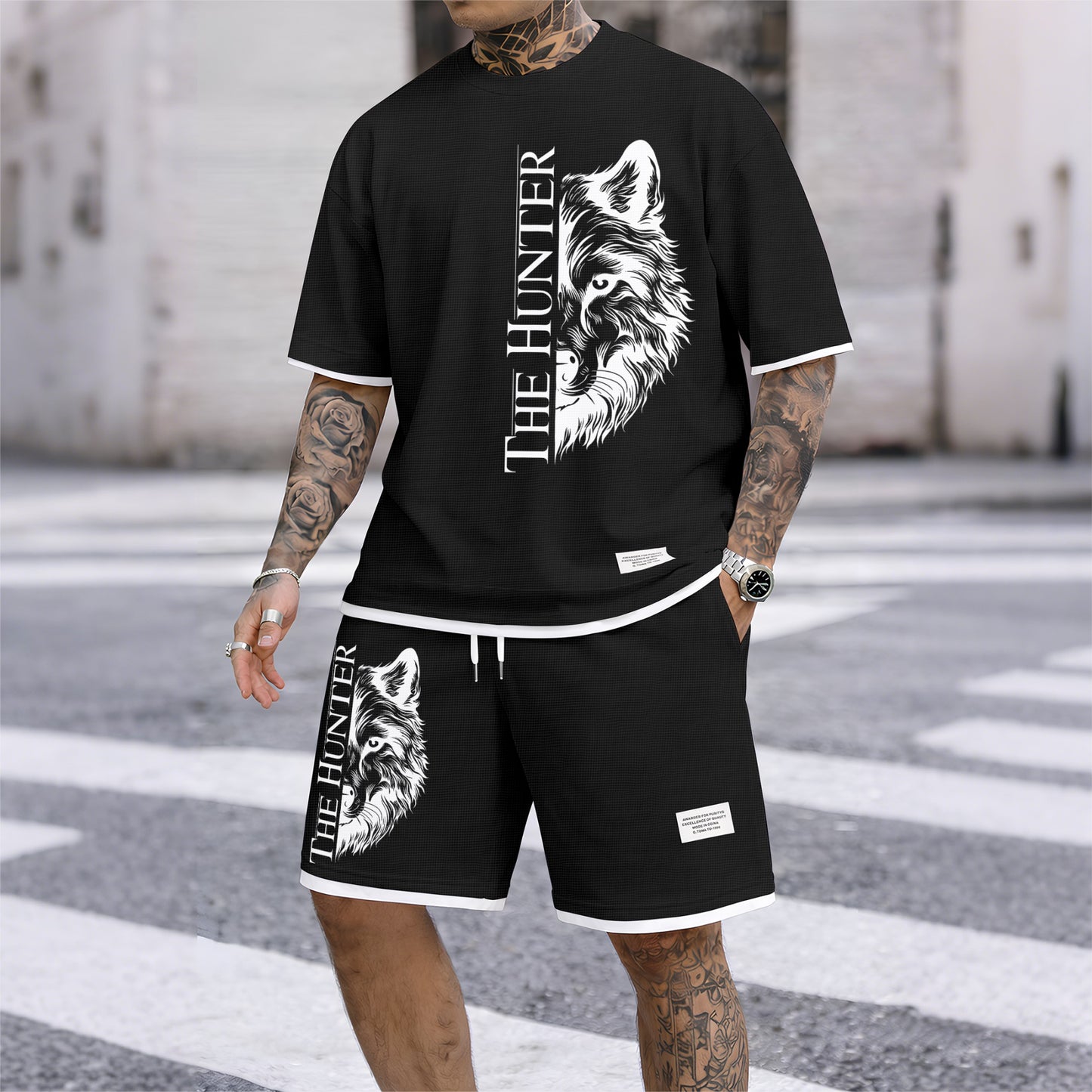 Men's "The Hunter" Wolf Head Graphic Print Waffle Short Sleeve T-Shirt & Shorts Set, Summer Lightweight Casual Sporty Two-Piece Outfit, Streetwear for Gym & Daily Wear