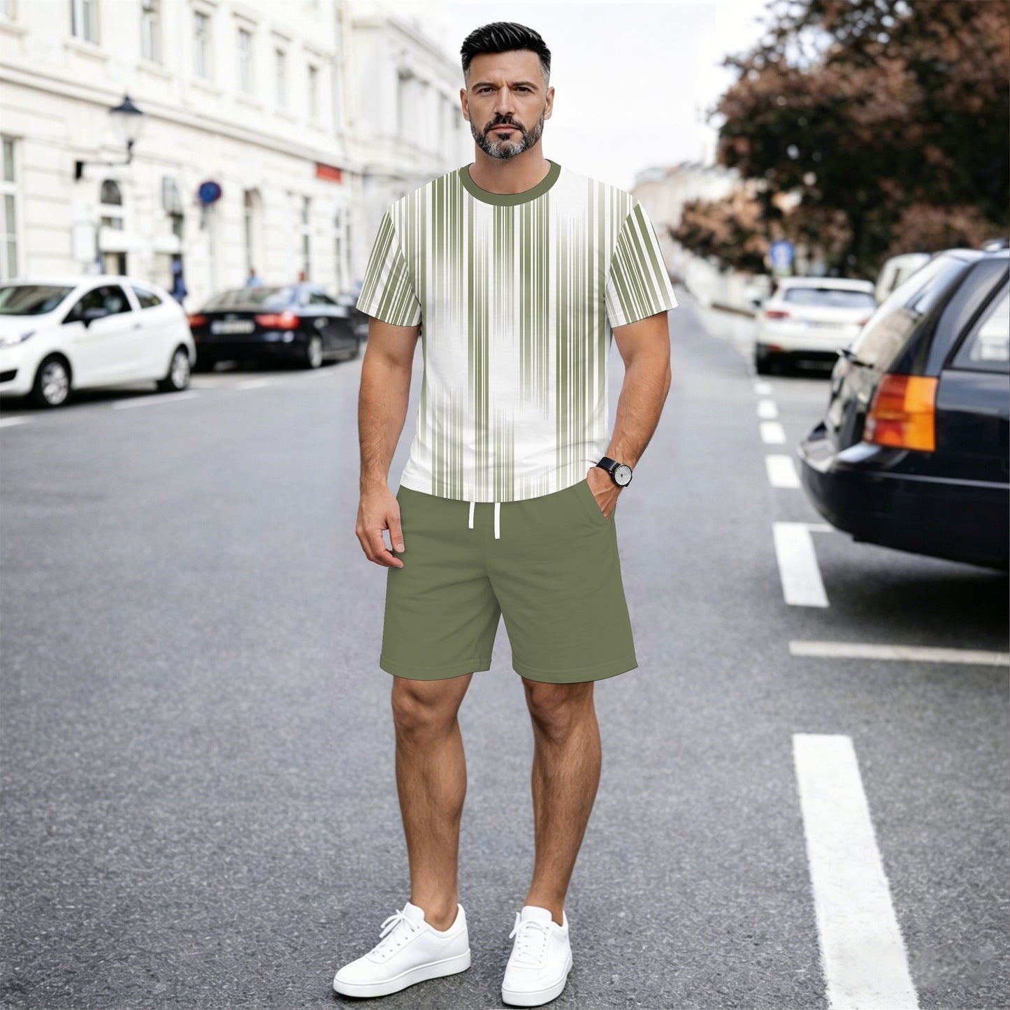 Men’s Summer 2 Piece Set, Vertical Stripe Print Short Sleeve T Shirt and Drawstring Shorts Matching Outfit, Lightweight Breathable Casual Set for Beach, Vacation, Gym, Travel, Running, and Daily Wear