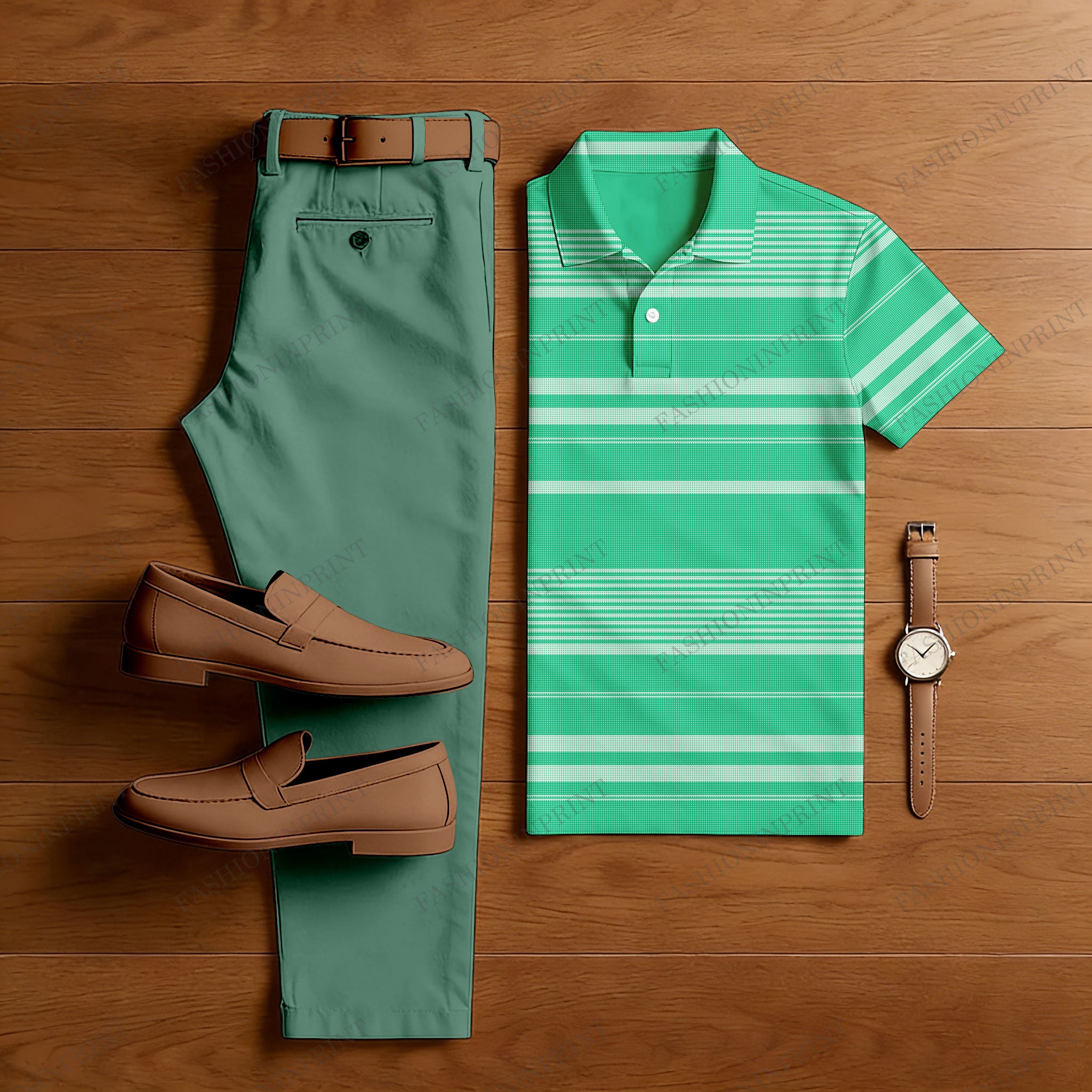 Men's Casual Green & Gray Color Matching Striped Printed Short Sleeved Polo Shirt & Trousers Two-Piece Set