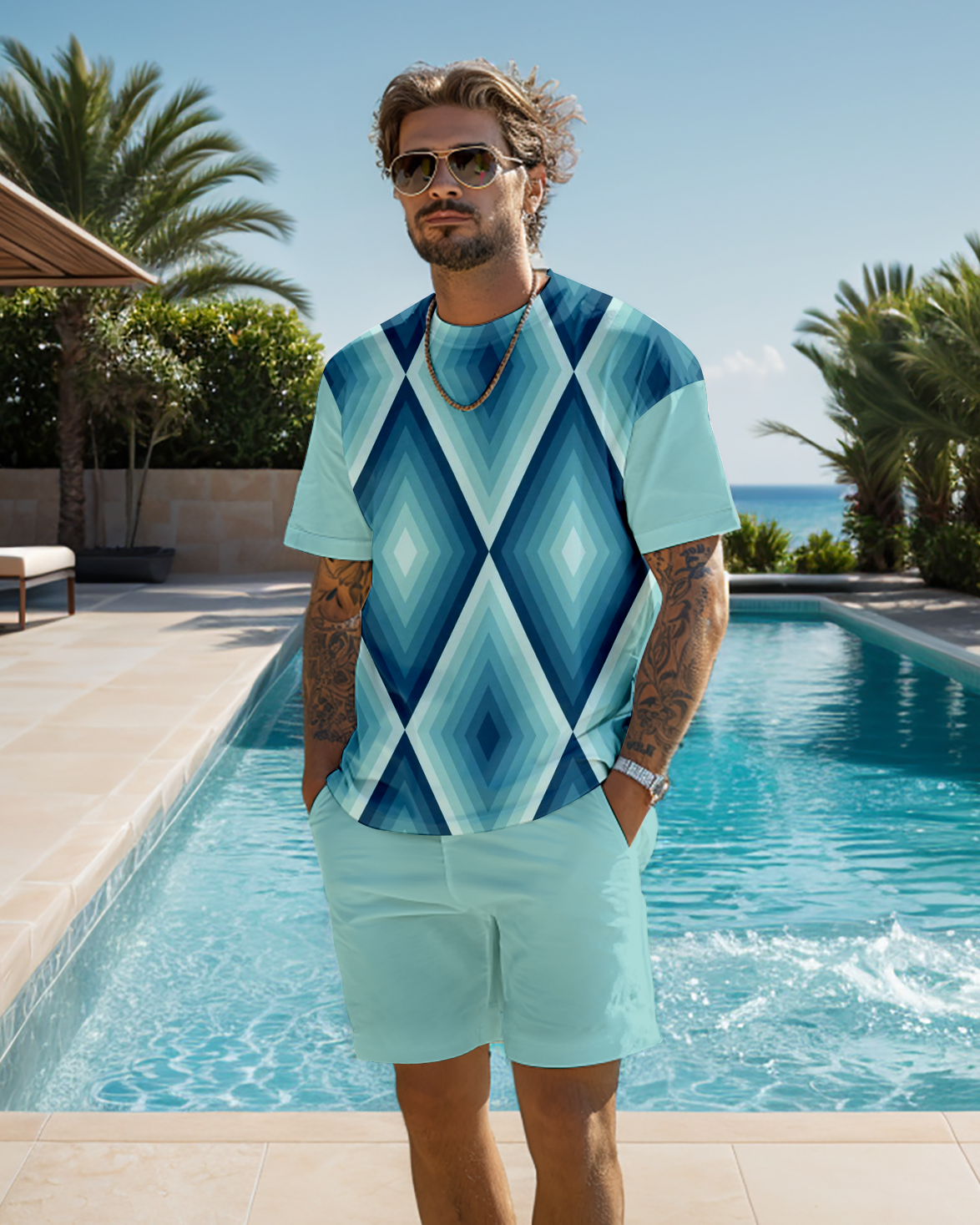 Men's color block printed shorts set 474