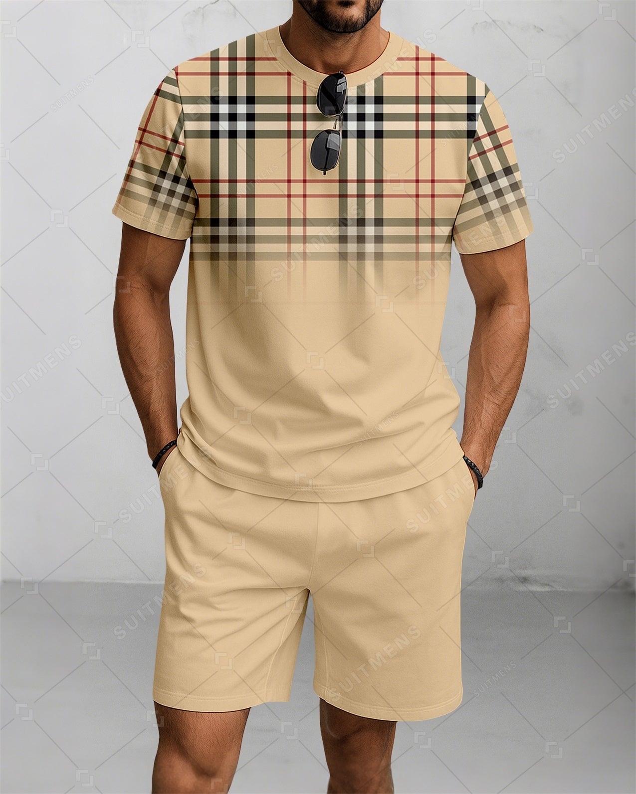 Men's Summer Colorblock Printed Round Neck Suit 084