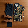 Men's Casual Dark Japanese Style Printed Polo Shirt And Pants Two-Piece Set