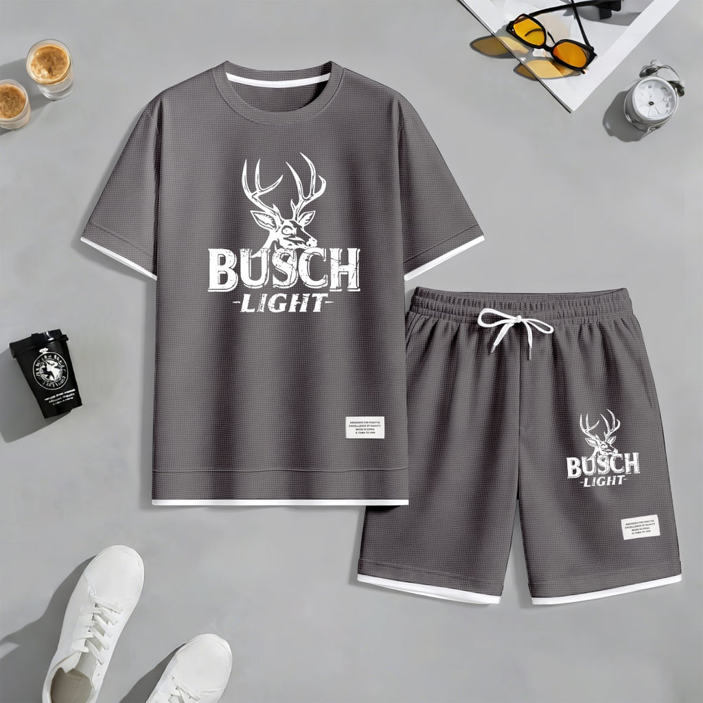 Men's Retro Outdoor Lifestyle Beer Print Waffle Fabric Short-Sleeved Shirt And Shorts Set
