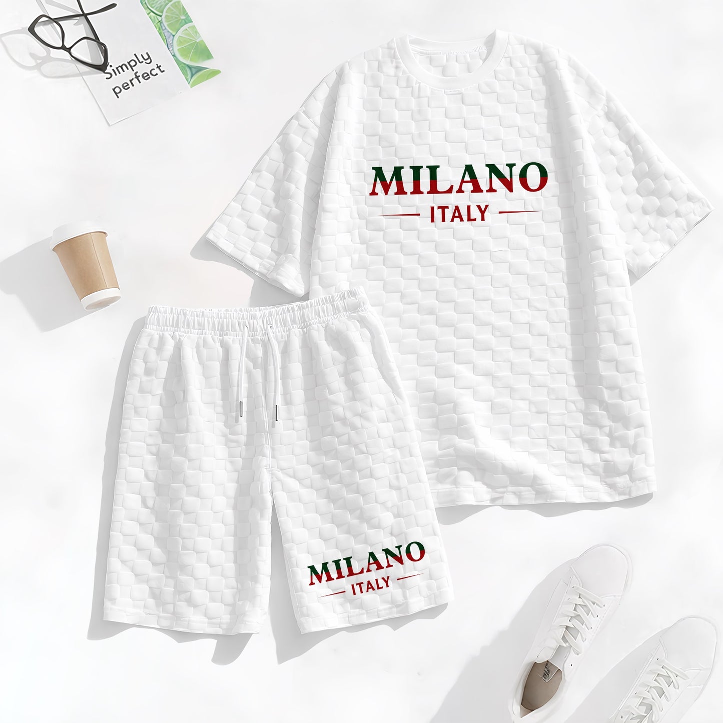 Men's Spring and Summer Milan Letter Print Checkered Fabric Drawstring Shorts Set, Casual Summer Outfit with Short-Sleeved Shirt and Shorts, Ideal for Everyday Wear and Sports Activities