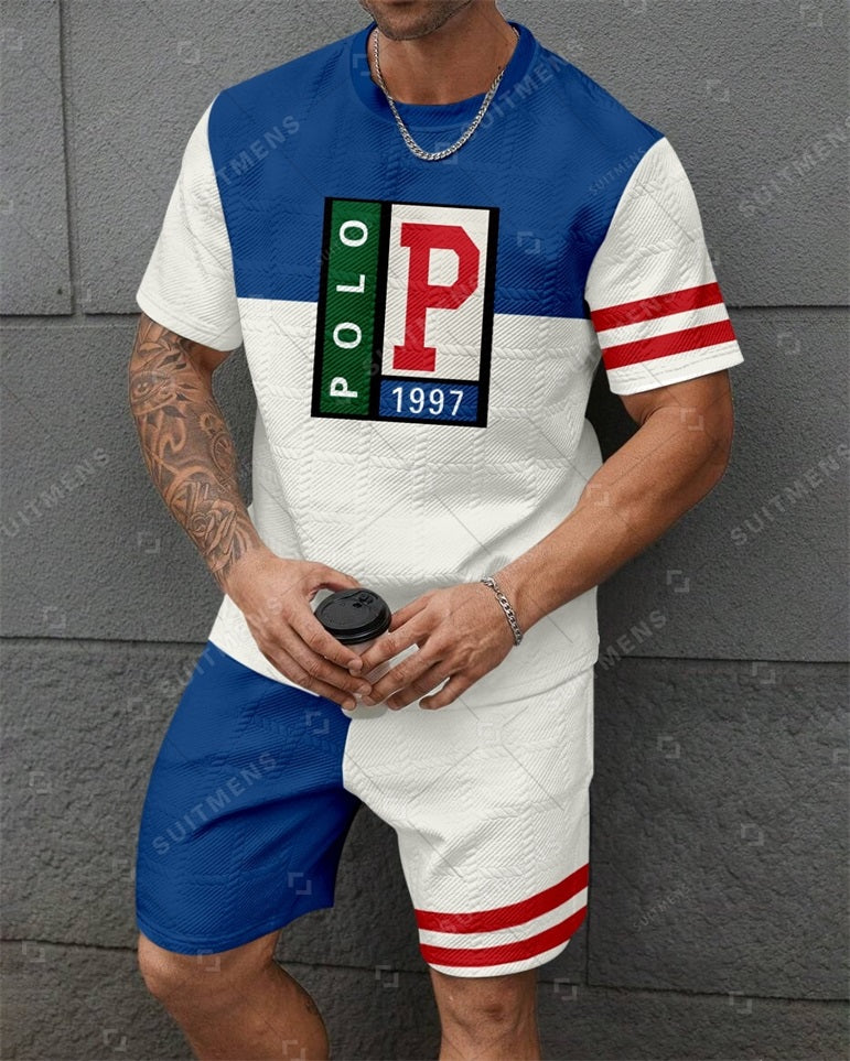 Men's Jacquard Textured Color Block Printed Short Sleeve Shorts Set 008
