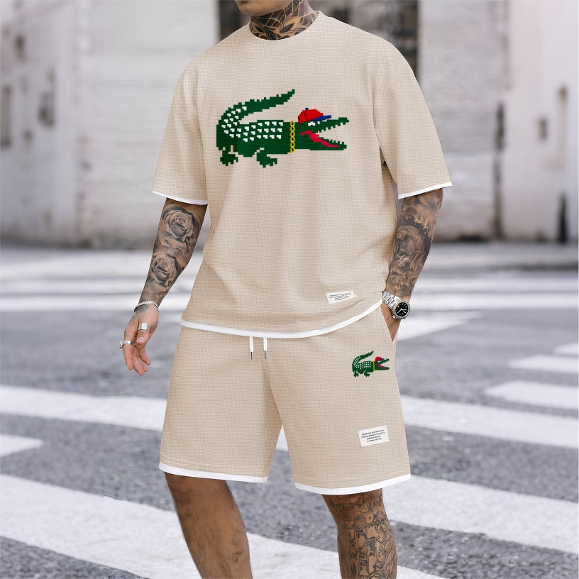 Men's Hip-Hop Crocodile Print Waffle Fabric Short-Sleeved Shirt And Shorts Set