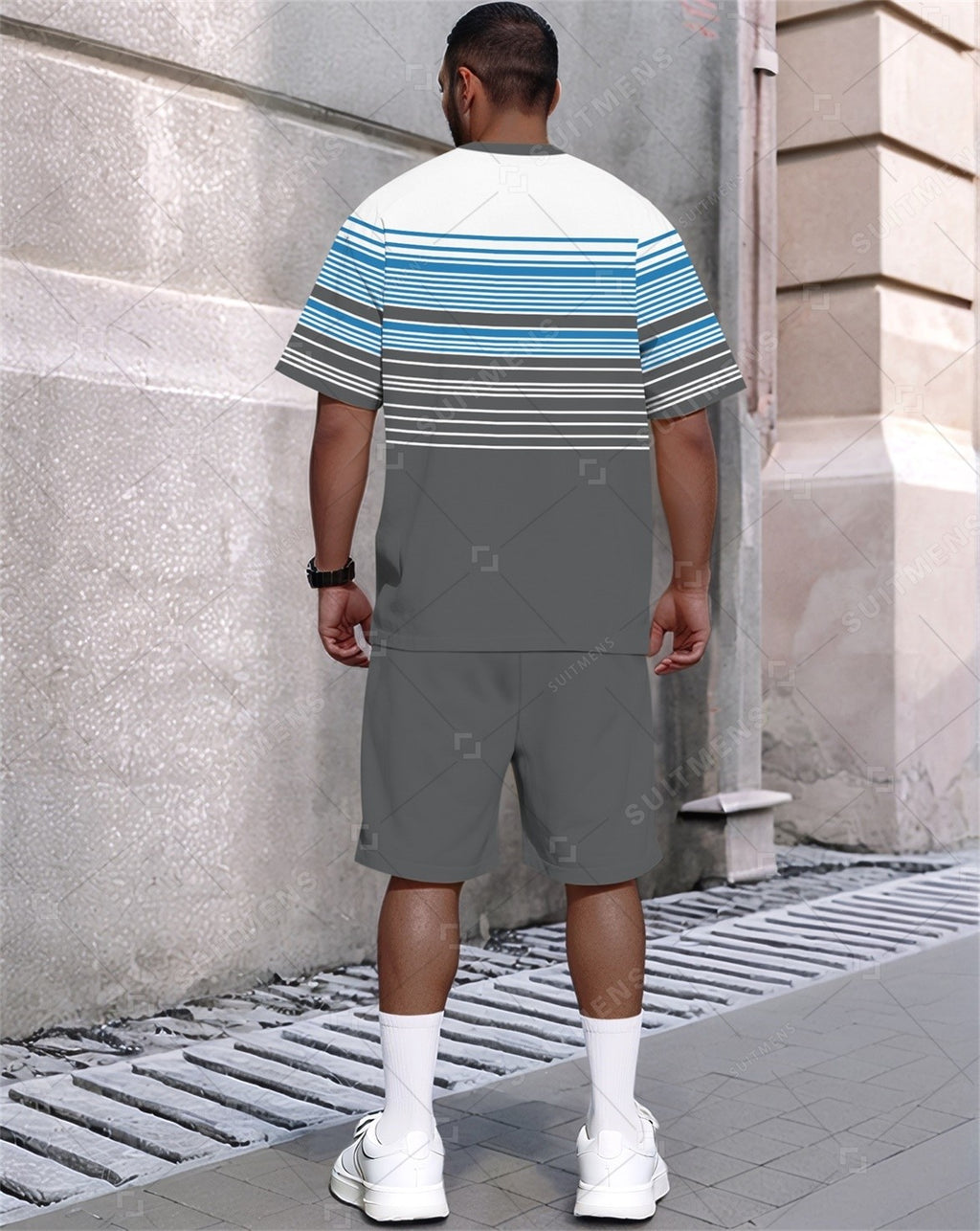 Men's Summer Color Matching Print Round Neck Set 318