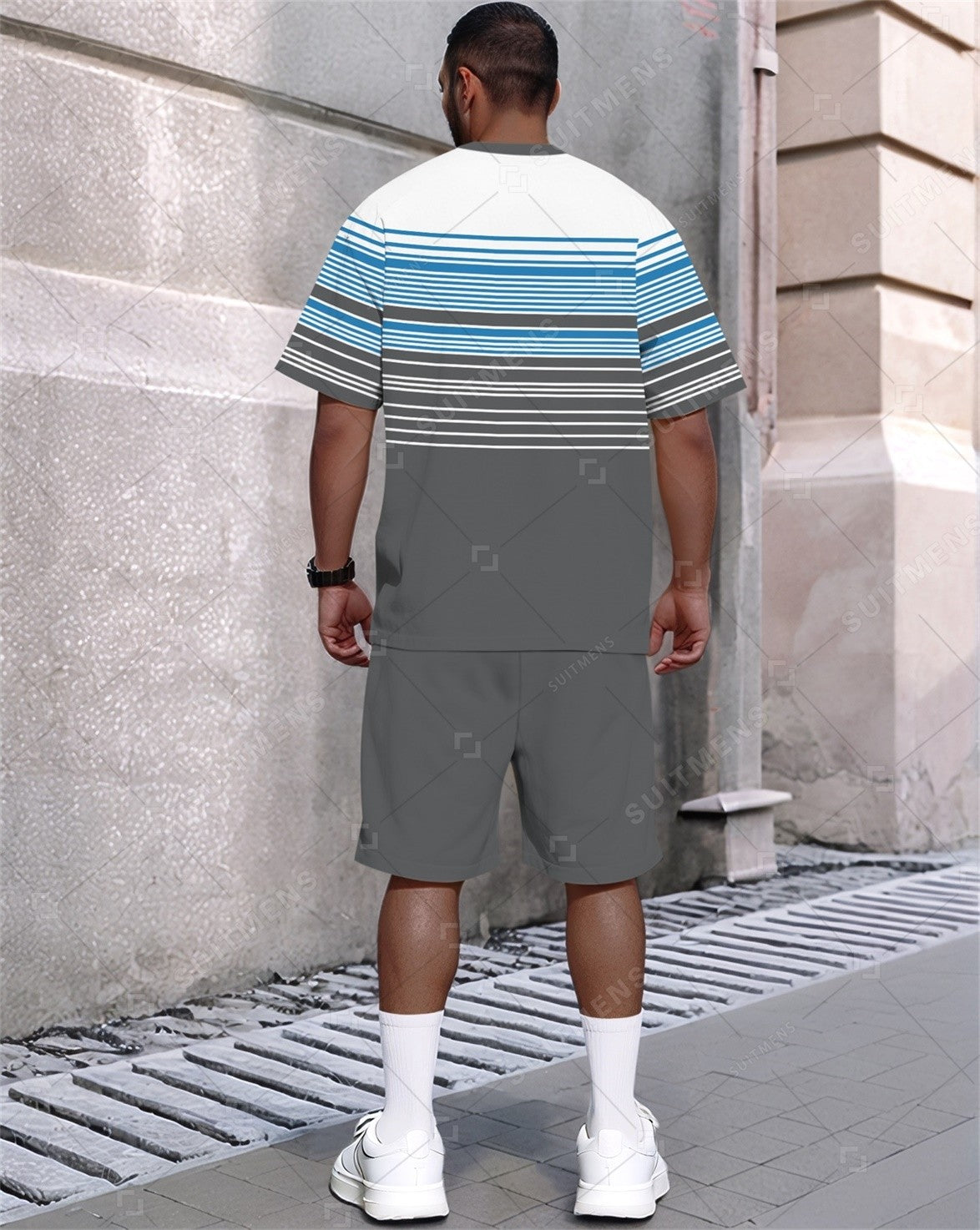 Men's Summer Color Matching Print Round Neck Set 318