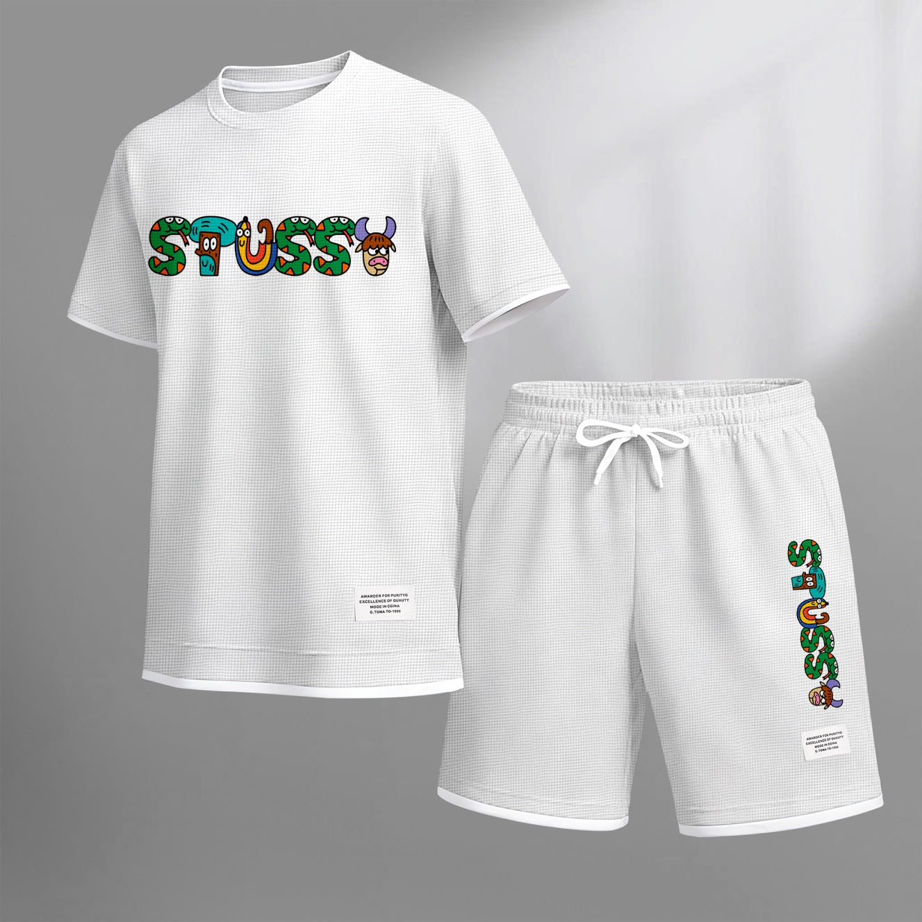 Men's Y2K Cartoon Print Waffle Fabric Short-Sleeved Shirt And Shorts Set