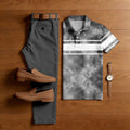 Men's Casual Black-Dyed Geometric  Printed Polo Shirt And Pants Two-Piece Set
