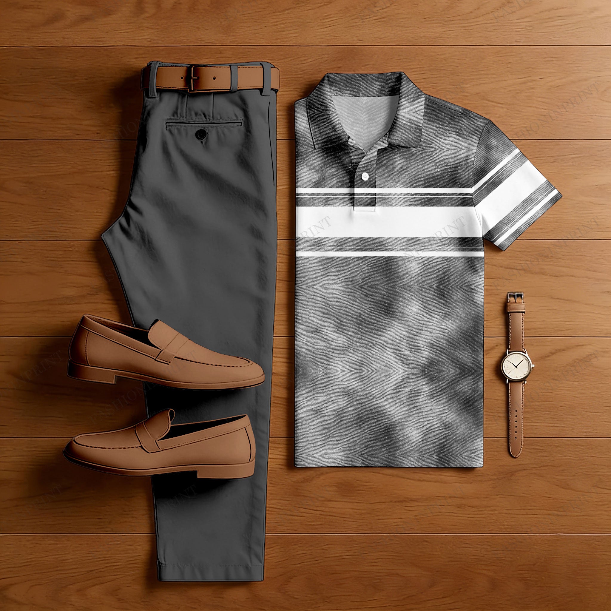 Men's Casual Black-Dyed Geometric  Printed Polo Shirt And Pants Two-Piece Set