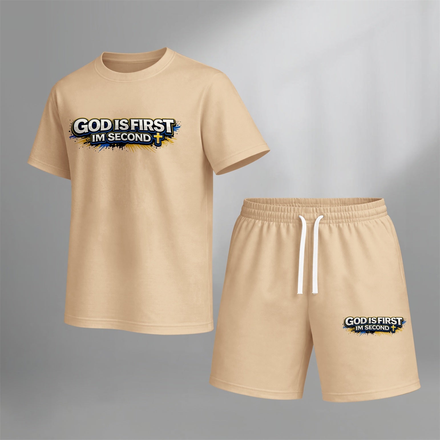 Men’s Christian Summer 2 Piece Set, God Is First I’m Second Graphic Short Sleeve T Shirt and Drawstring Shorts Matching Outfit, Lightweight Breathable Casual Set for Beach, Vacation, Gym, Travel, and Daily Wear