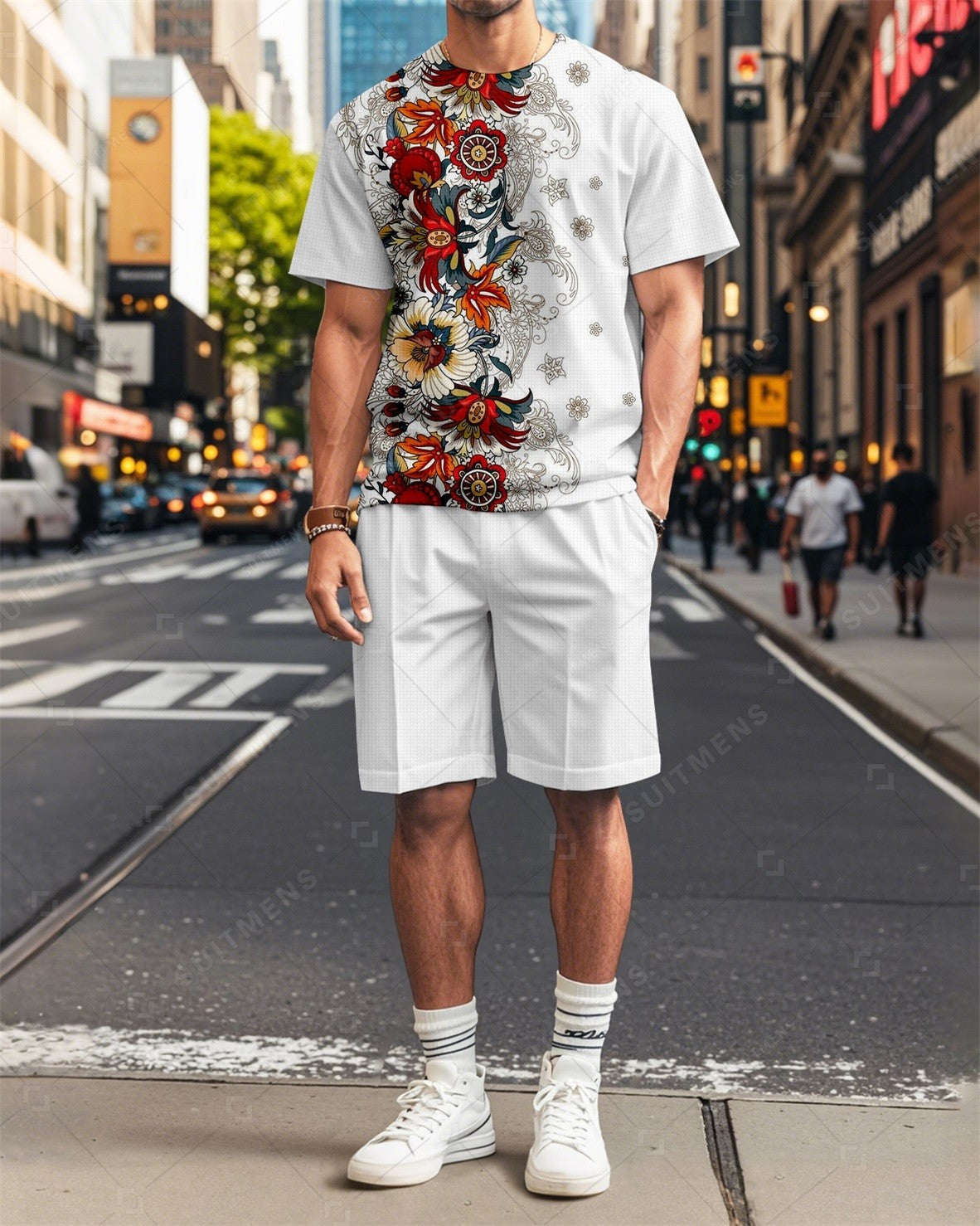 Men's Vintage Floral Printed Casual Summer Round Neck Set 2001