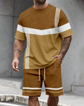 Men's Summer Colorblock Printed Round Neck Set 481