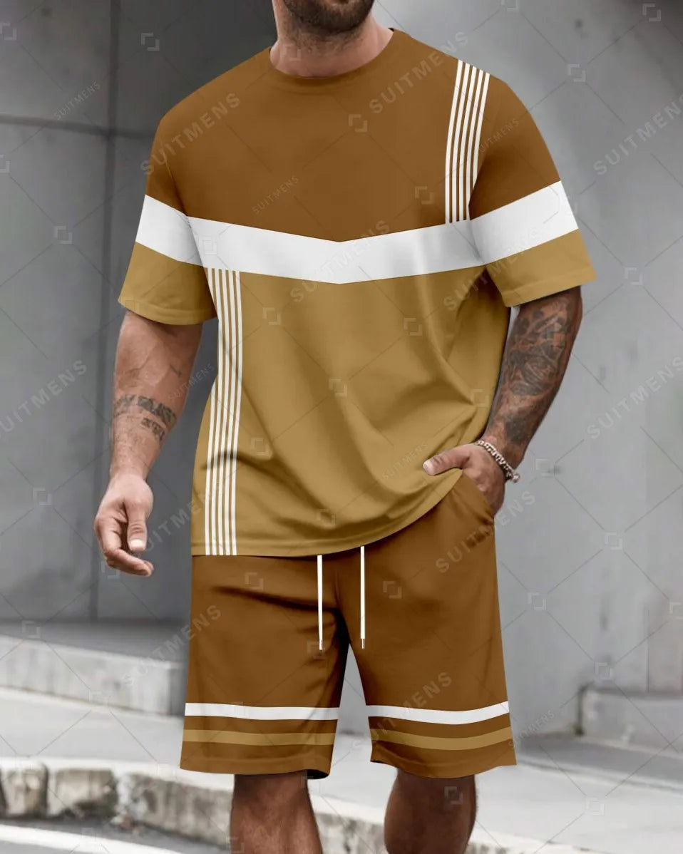 Men's Summer Colorblock Printed Round Neck Set 481