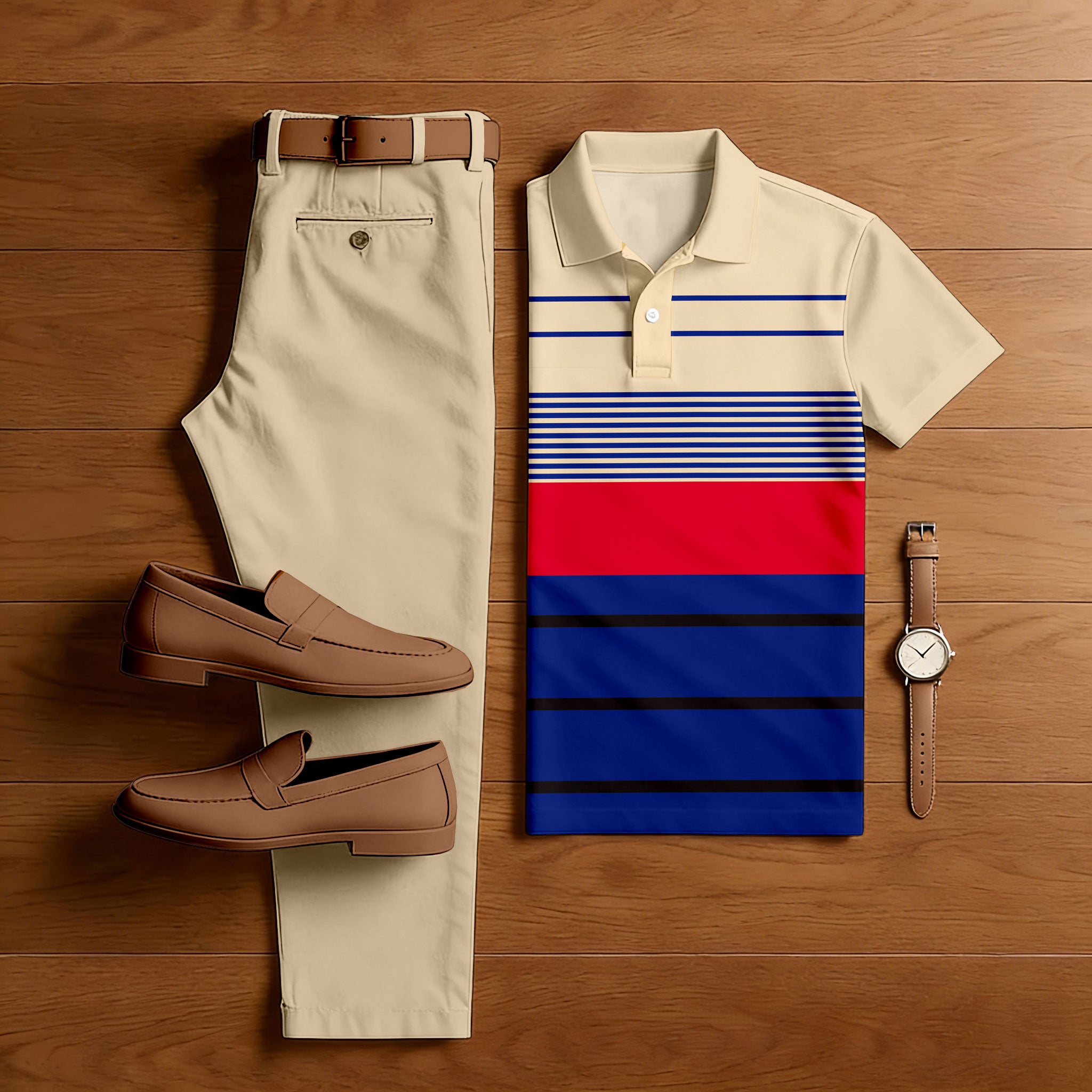 Men's Casual Khaki & Navy Blue & Red Color Matching Striped Printed Short Sleeved Polo Shirt & Trousers Two-Piece Set
