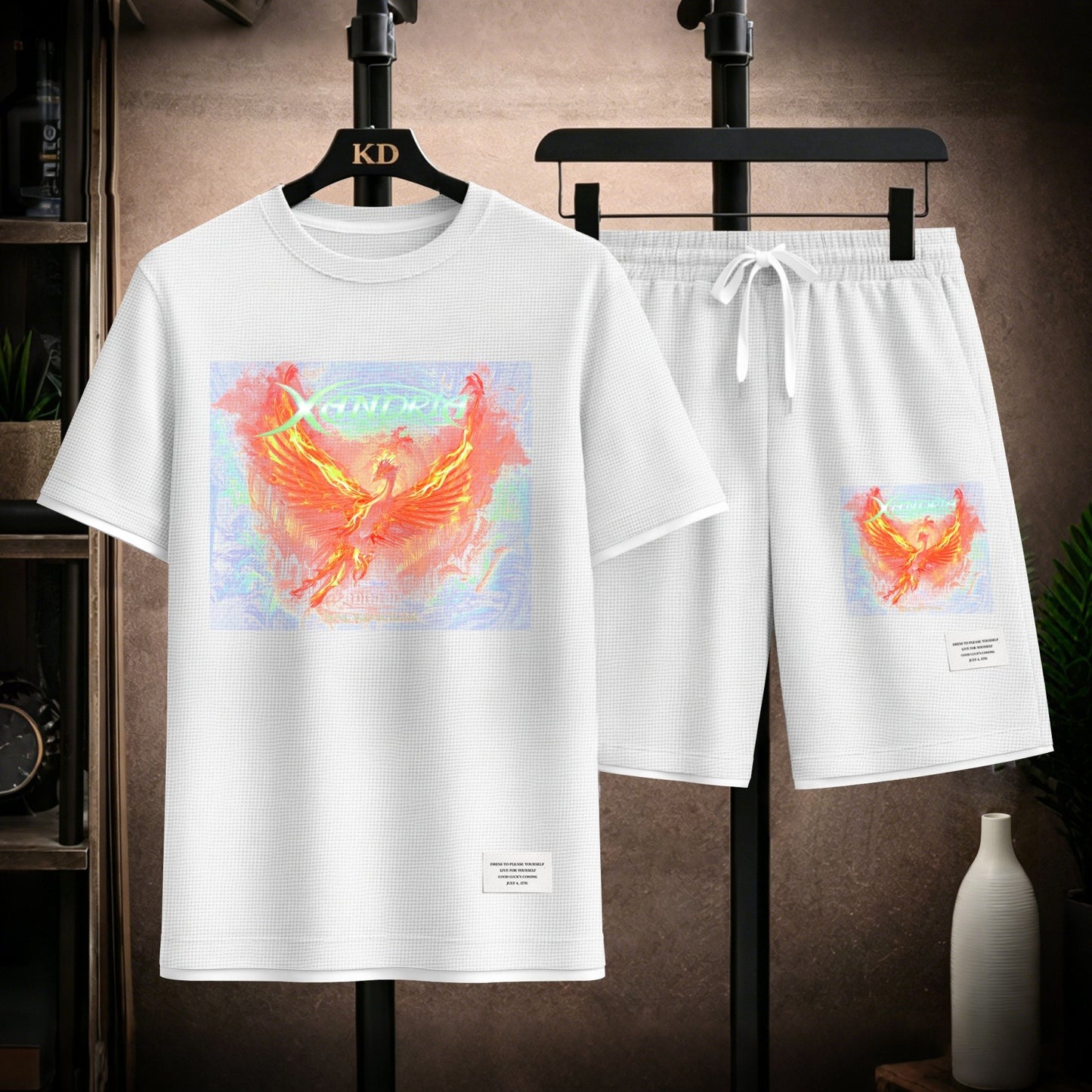 Men's Phoenix Graphic Print Short Sleeve Shirt and Drawstring Shorts Set, Casual Summer Two-Piece Outfit, Lightweight Breathable Relaxed Fit Athletic Set for Daily Wear, Beach, Vacation, Travel and Loungewear