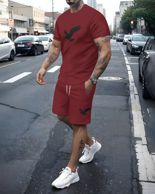 Men's Burgundy Simple Summer Round Neck Set 143