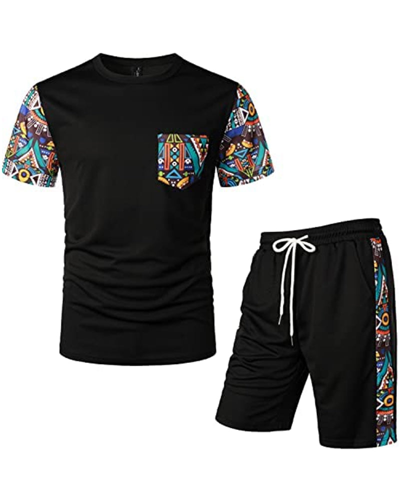 Men's Printed Colorblock T-Shirt and Shorts Set 012