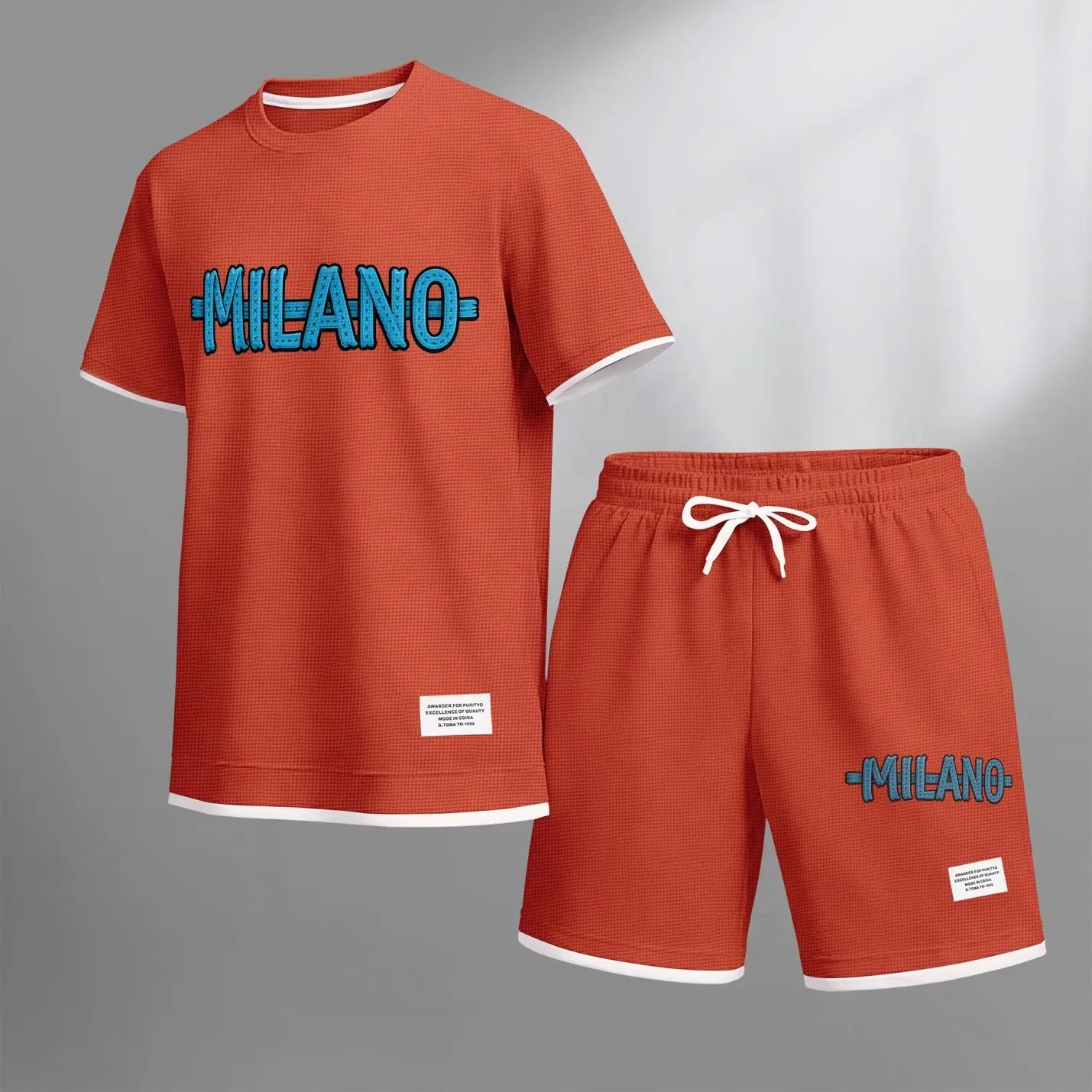 Men's MILANO print drawstring shorts set for spring/summer, a casual summer outfit including a short-sleeved shirt and shorts, suitable for everyday wear and sports. A two-piece set for a relaxed and energetic lifestyle.