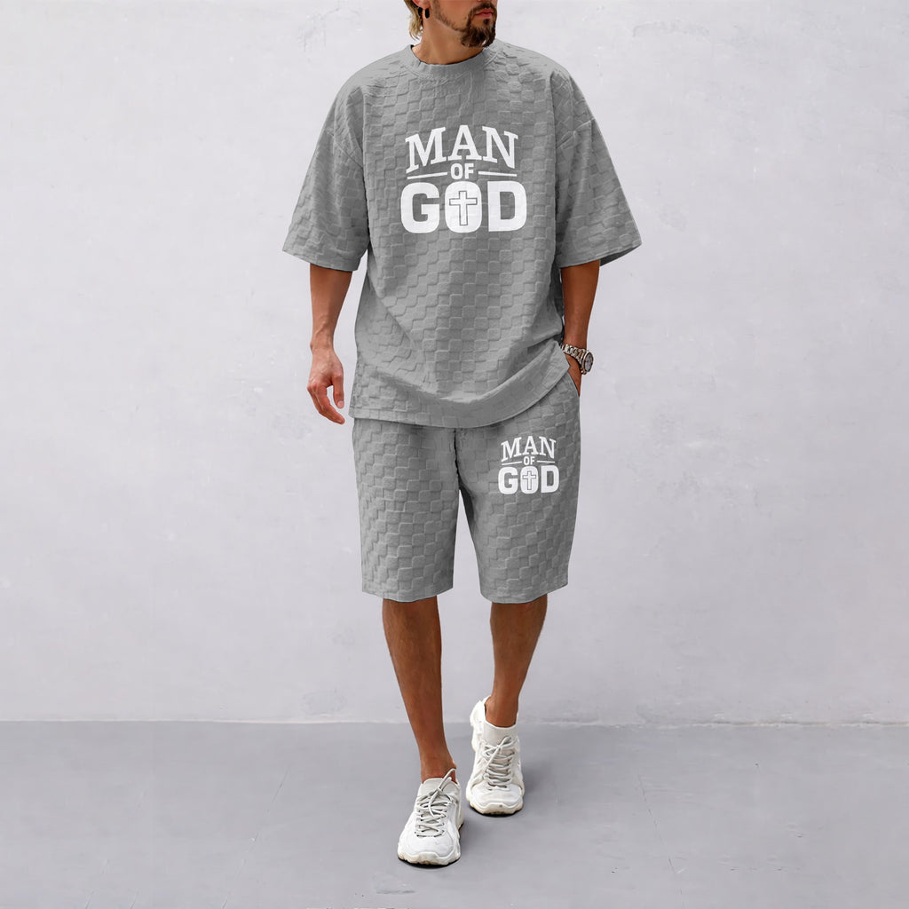 Men's Spring and Summer 'Man of God' Letter Print Checkered Fabric Drawstring Shorts Set, Casual Summer Outfit with Short-Sleeved Shirt and Shorts, Ideal for Everyday Wear and Sports Activities.