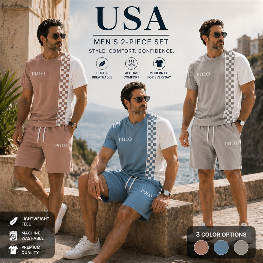 Men’s Casual Checker Stripe T Shirt and Shorts Set, 2 Piece Matching Outfit with Short Sleeve Tee and Elastic Waist Drawstring Shorts, Soft Breathable Summer Set for Holiday, Beach, Street Style, Lounge, and Everyday Wear